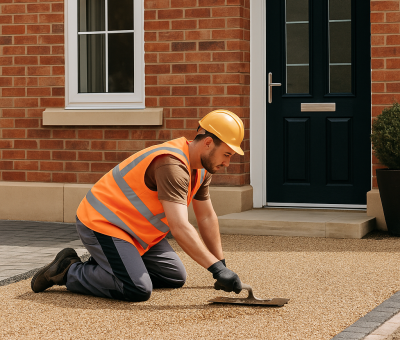 Resin Driveway Installation, worker on his knees